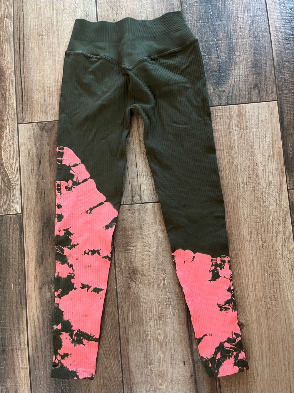Bombshell Sportswear Olive Ribbed Leggings with Coral Tie-Dye Panels - Picture 5 of 6